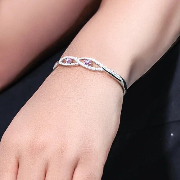 Sterling Silver 925 Flower Bangle with Adorable Eye Design - Picture 1 of 5